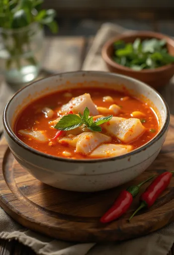 بساروسوبا بالفلفل الحار، حساء سمك غني مقدم مع زيت زيتون طازج وعصير ليمون