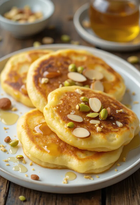 بان كيك مالبوا يقدم مع العسل والفستق