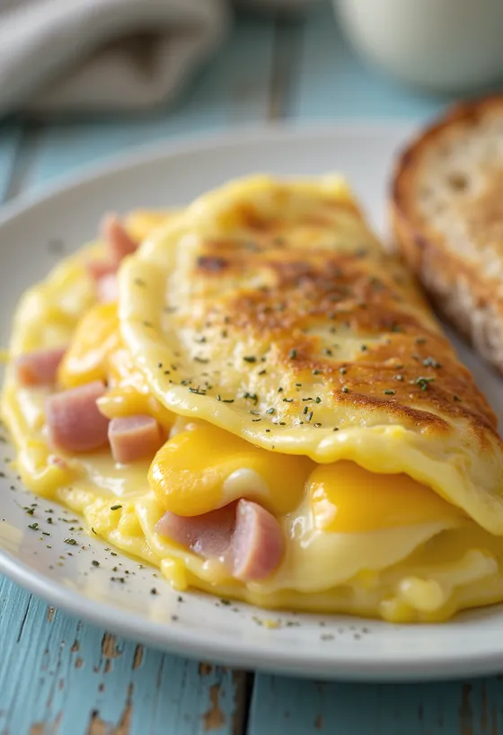 أومليت محشو بخضروات طازجة وجبن ذائب من الداخل