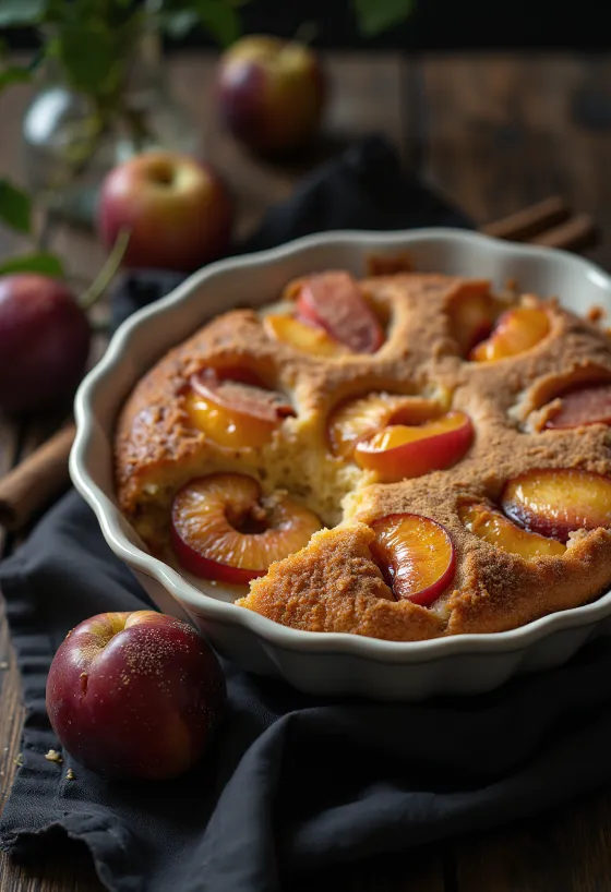 كعكة البرقوق بالقرفة مقدمة مع السكر البودرة والقرفة