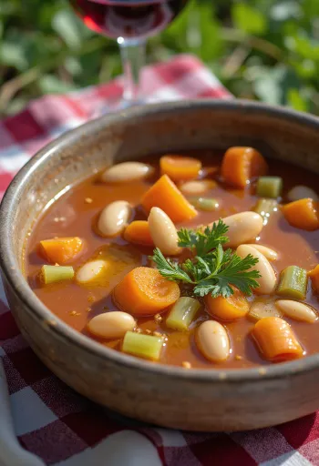 فاصولادا مع عصير الليمون، حساء فاصولياء مقدم مع زيت زيتون طازج