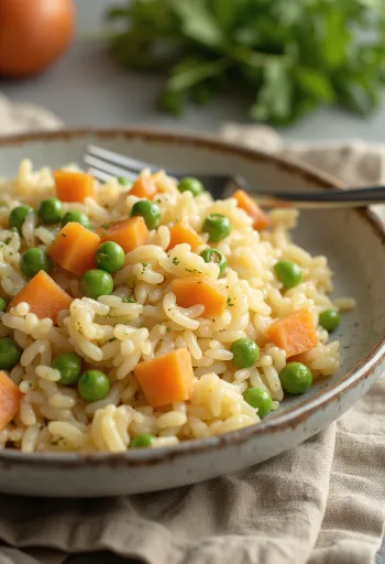 ريزوتو خضروات بريبايوتيك مقدم بأرز بني، وجزر وكوسا وبازلاء خضراء