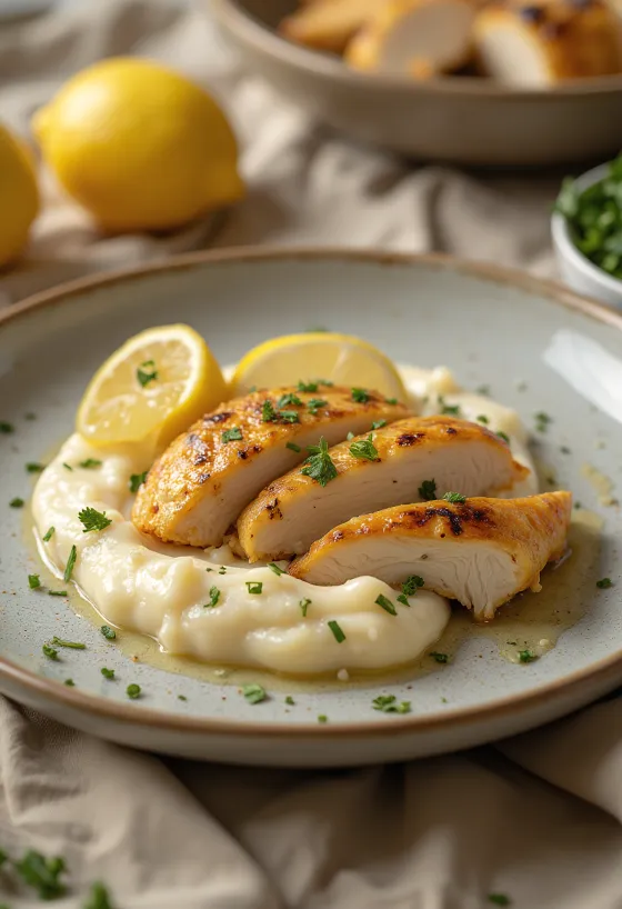 صدور دجاج مشوية مقدمة مع هريس القرنبيط