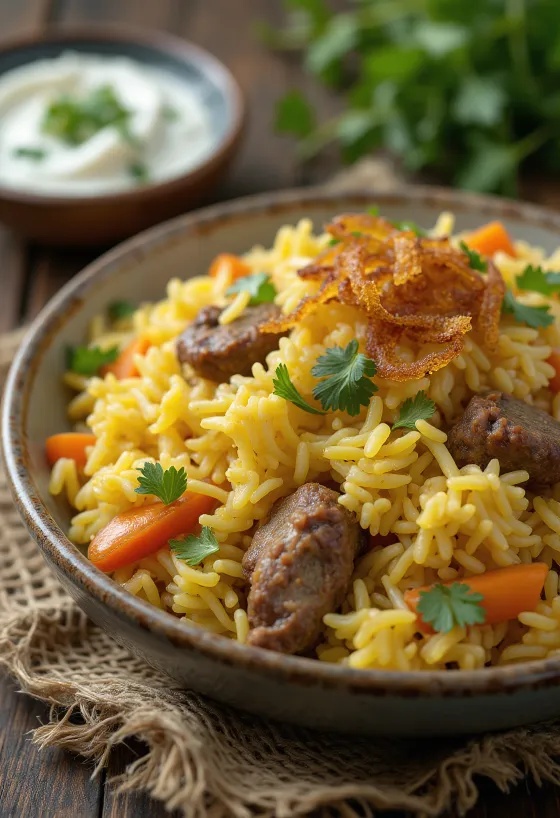 برياني بالخضروات والضأن، أرز متبل غني ولحم ضأن طري