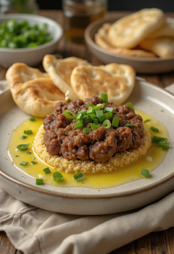 كبة نية تقدم مع خبز بيتا طازج وحبوب الرمان