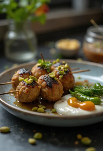 كباب بالفستق مع لحم ضأن مشوي بالفستق وخبز مسطح