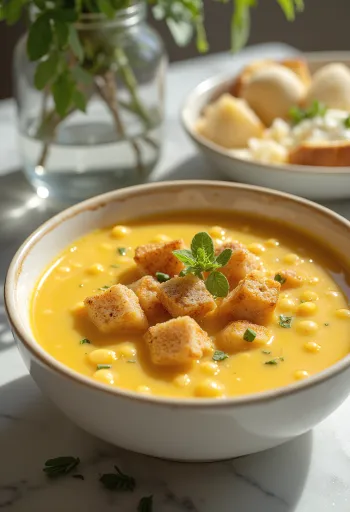 شوربة بازلاء صفراء مقدمة مع نقانق مدخنة وبقدونس طازج