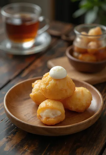 ساتا أنداغي، حلوى يابانية، مقلية طازجة، مقدمة مع حليب جوز الهند