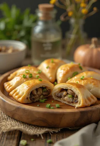 إمبانادا ربيعية بالبصل الأخضر والفطر، عجين ذهبي مقرمش بحشوة الفطر