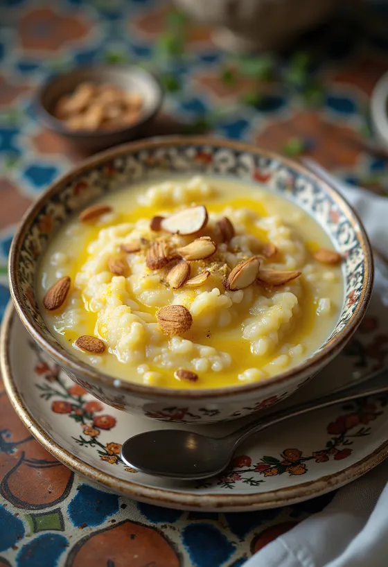بودينغ الأرز باللوز والزعفران (خير) مزين باللوز والزعفران