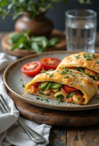 سترومبولي نباتي محشو بالفلفل الملون والكوسا، مخبوز بلون ذهبي