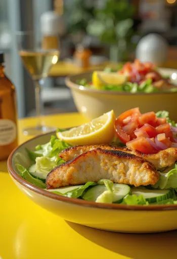 سلطة دجاج طازجة بخضروات مقرمشة وصدور دجاج مشوية، بتتبيلة البلسميك.