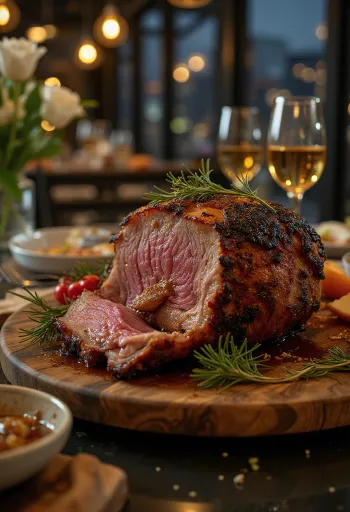 فخذ غزال مشوي مع طبقة عسل مقدم مع خضروات مشوية.