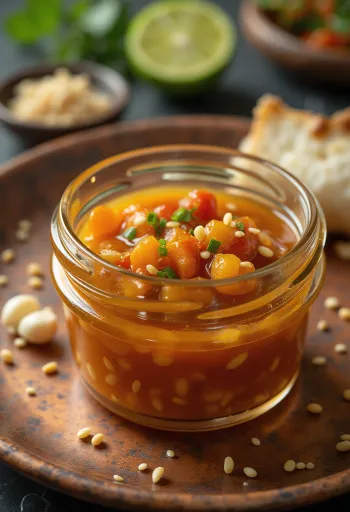 صلصة الفلفل الحار والليمون بالسمسم مقدمة في وعاء زجاجي