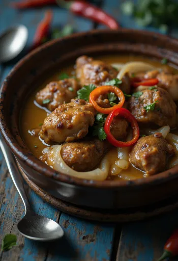 أدوبو بحليب جوز الهند، طبق غني ومتبل يقدم مع الأرز والكزبرة