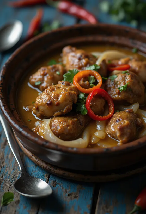 أدوبو بحليب جوز الهند، طبق غني ومتبل يقدم مع الأرز والكزبرة