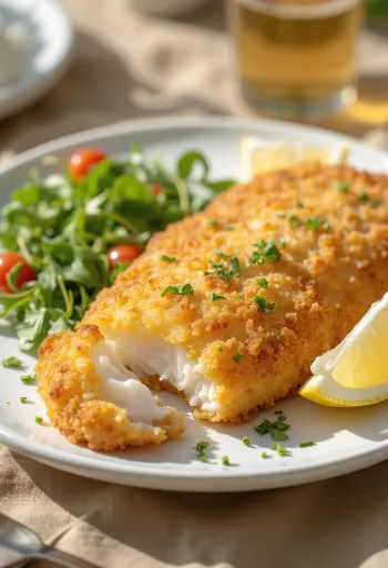 فيليه سمك مقلي مقرمش بلون ذهبي، مقدم مع حلقات ليمون طازجة وخضروات.