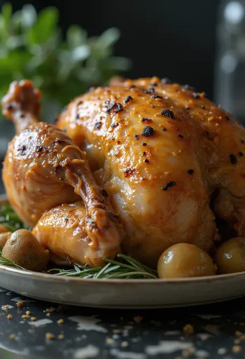 ديك مشوي بزبدة الكمأة مقدم مع خضروات مشوية.