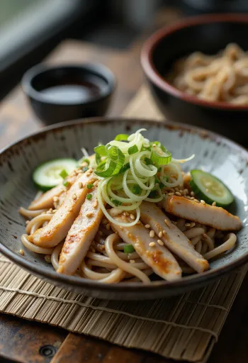 زارو سوبا بالدجاج، مقدم مع الخضار وصلصة الصويا