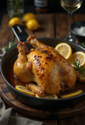 دجاج حبشي مشوي بطبقة ليمون مقدم مع خضروات.