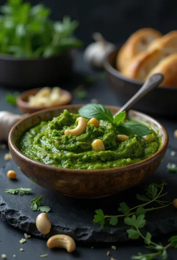 بيستو مع ثوم الدببة والكاجو في برطمان، مقدم مع مكونات طازجة