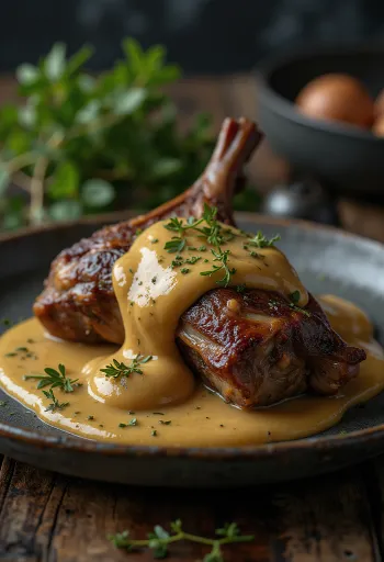 أرنب بري مشوي مع صلصة الخردل مقدم بأناقة.