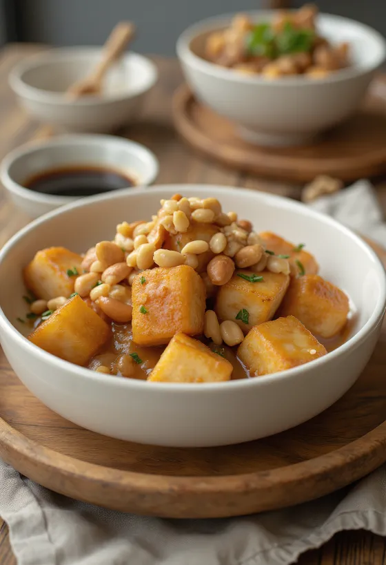 توفو مقلي بتتبيلة الفول السوداني مقدم للتقديم