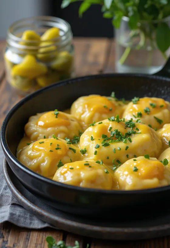 نوكيدلي بالبيض مرشوش بالبقدونس الطازج، يقدم مع مخلل منزلي.