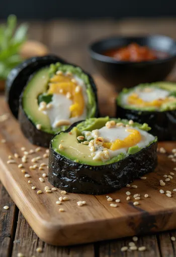 يوبا في لفائف نوري، مقدمة مع خضروات طازجة وقشرة الصويا، مزينة بالكزبرة