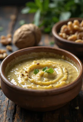 صلصة بيستو الجوز بالكريمة مقدمة في طبق