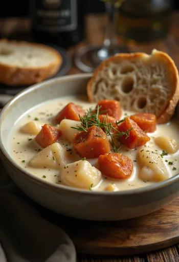 كولين سكينك مع تشوريزو بقري، حساء سمك اسكتلندي غني وكريمي.