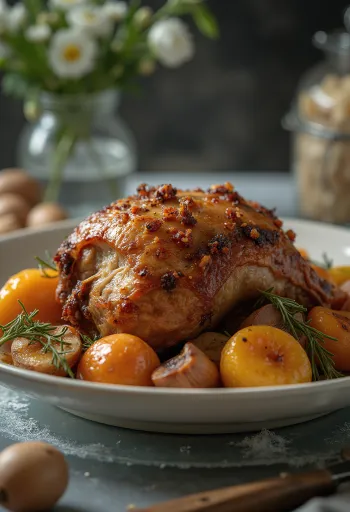 نيص مشوي بالأعشاب مقدم مع خضروات مشوية.