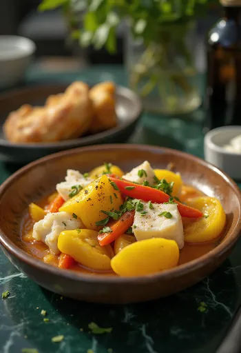 آكي وسمك القد المملح مقدم مع الخضروات والتوابل