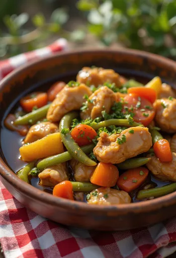 أدوبو مع يخنة الخضار، مزين بالكزبرة الطازجة