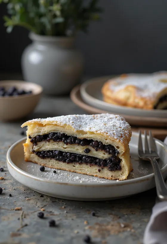 فطيرة بذور الخشخاش بعجينة ذهبية بنية وحشوة بذور الخشخاش