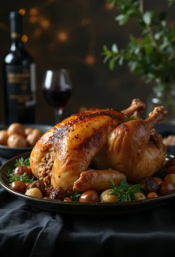 ديك رومي مشوي بحشوة الكستناء مقدم على طبق مع خضروات.