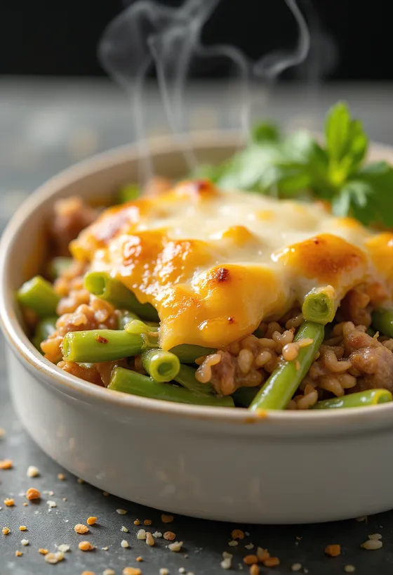 فاصوليا خضراء بالطبقات مع كريمة حامضة طازجة وجبن محمر على الوجه