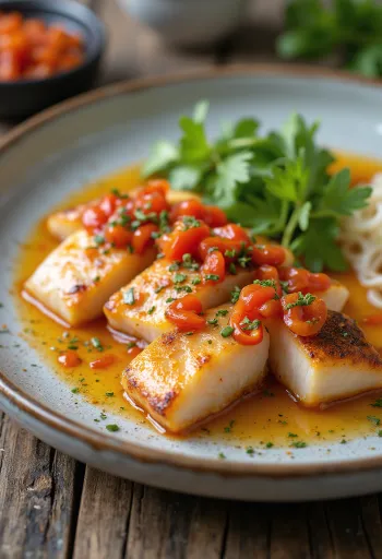 جيلدا بالفلفل الحار، سمك طازج، صلصة متبلة، بقدونس