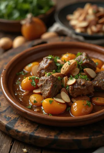 طاجن لحم الضأن بالمشمش مقدم مع الكسكسي