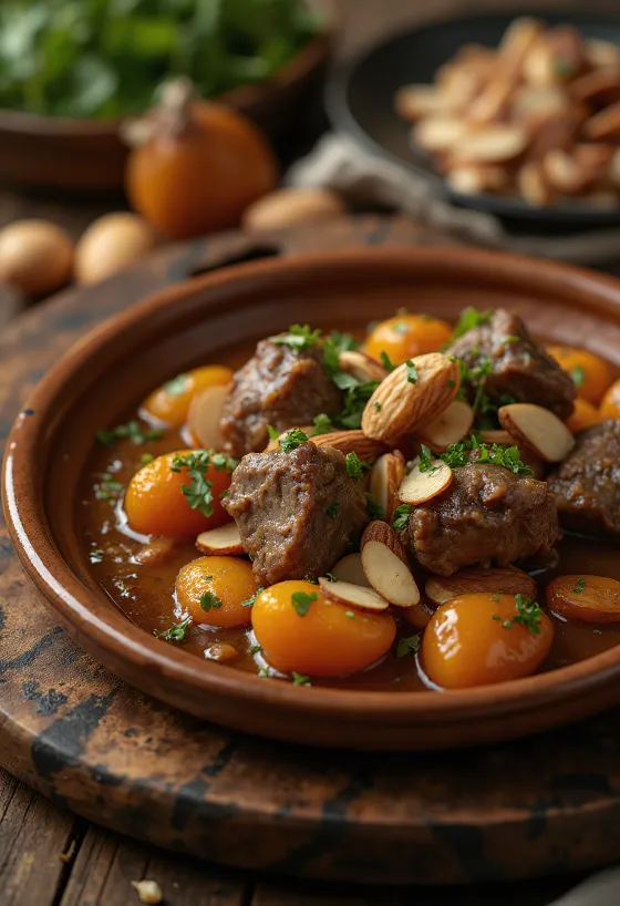 طاجن لحم الضأن بالمشمش مقدم مع الكسكسي
