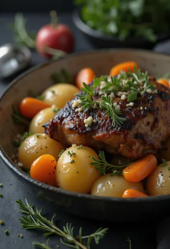 لحم مرموط مشوي مقدم مع خضروات جذرية في طبق.