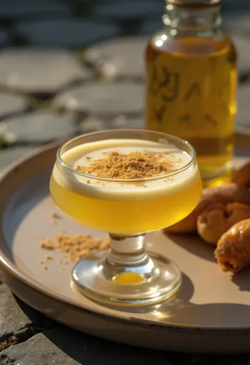 شراب البيض المنزلي في زجاجة، مزين بجوزة الطيب المبشورة.