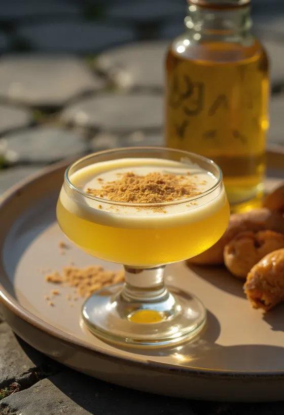 شراب البيض المنزلي في زجاجة، مزين بجوزة الطيب المبشورة.