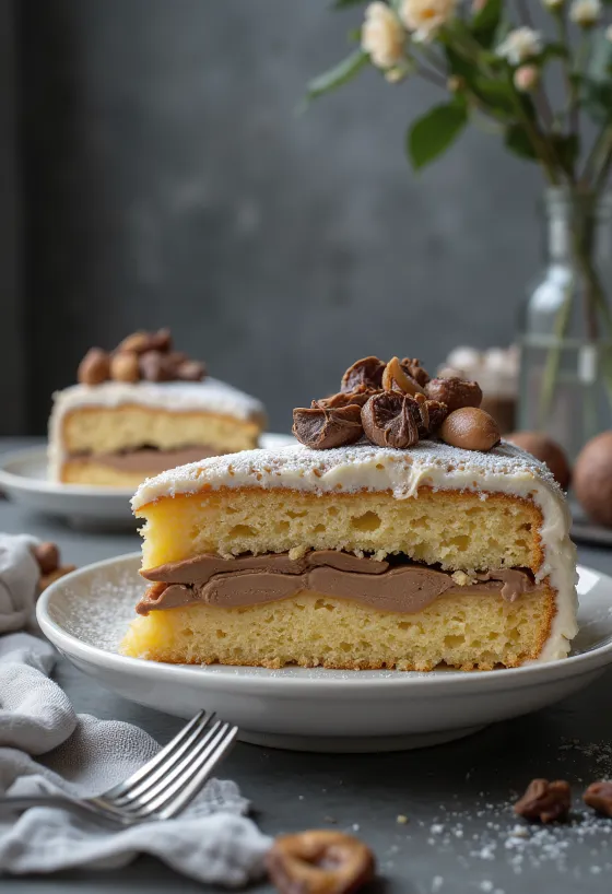 كعكة الكستناء مقطعة إلى شرائح ومزينة بالشوكولاتة