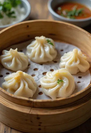 مومو محشو بالتوفو مطهو على البخار، جاهز للتقديم