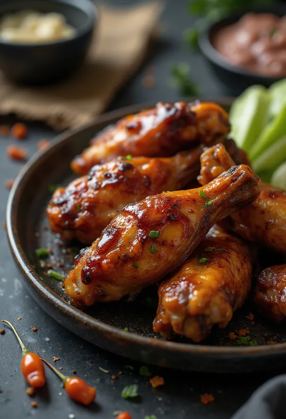 أجنحة دجاج باربيكيو مقدمة مع طبق جانبي طازج