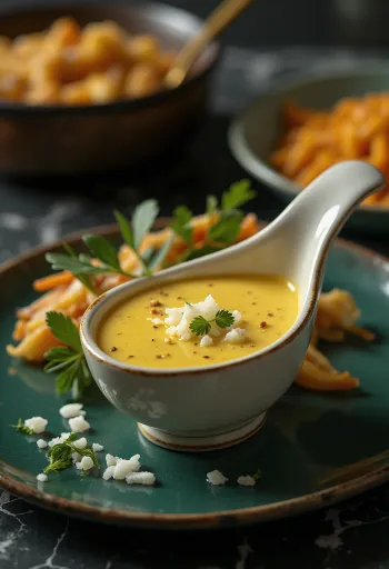 صلصة البصل الكريمية بالكاري في طبق تقديم