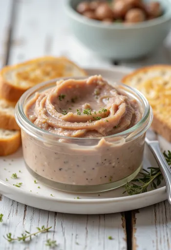 كريم كبد دجاج ناعم مدهون على شرائح خبز طازج، مزين بأعشاب خضراء.