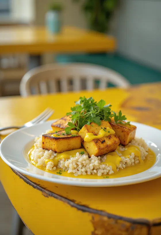 توفو مشوي وكينوا بالكاري والطحينة مقدم في طبق