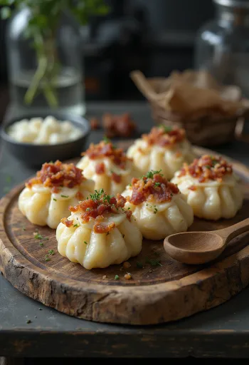 ستراباتشكا بجبن الغنم تقدم مع الكريمة الحامضة واللحم المقدد المحمر.